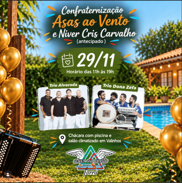 Arte do evento: chácara, piscina e bandas de forró